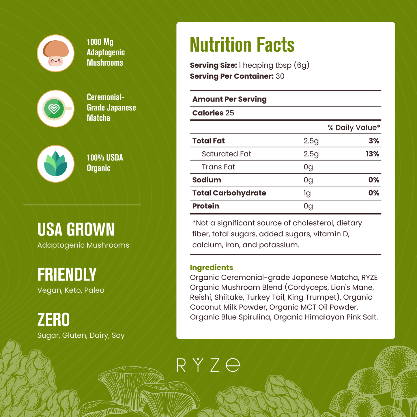 RYZE Organic Mushroom Matcha Starter Kit (60 servings) - TE96