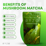 RYZE Mushroom Matcha - with 6 Organic Adaptogenic Mushrooms Grown In USA and Ceremonial-Grade Japanese Matcha - N85D