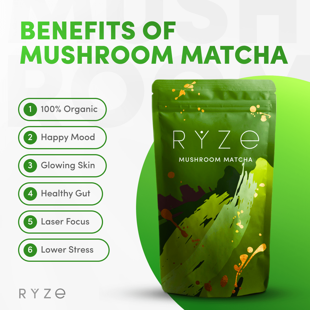 RYZE Mushroom Matcha - with 6 Organic Adaptogenic Mushrooms Grown In USA and Ceremonial-Grade Japanese Matcha - N85D