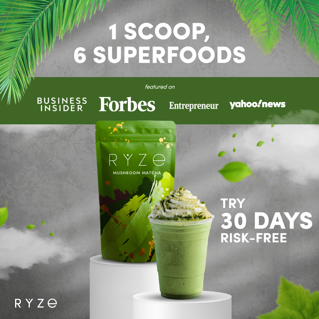 RYZE Mushroom Matcha - with 6 Organic Adaptogenic Mushrooms Grown In USA and Ceremonial-Grade Japanese Matcha - N85D